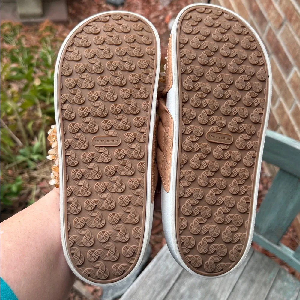 Embellished Tan Slide Sandals for Women - Bead Accent